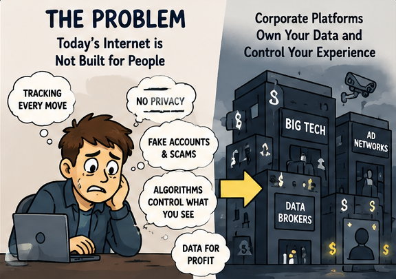 Illustration of today's internet tracking people, reducing privacy, and controlling data.