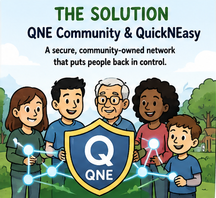 QNE Community members gathered around a QNE shield and connected network.